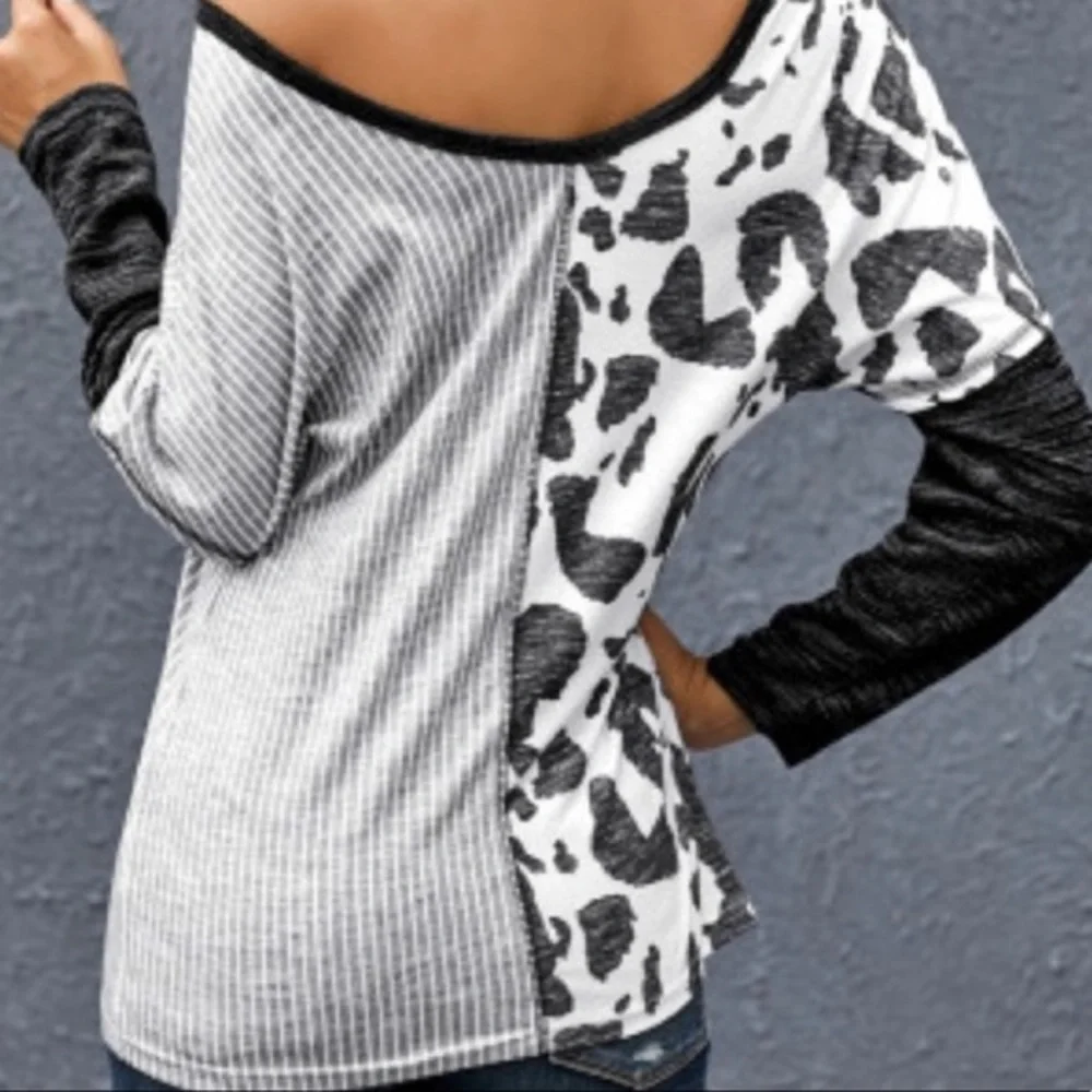 Slouchy Colorblock Long Sleeve Mixed Print Top New Boutique Sz Small - Picture 4 of 5